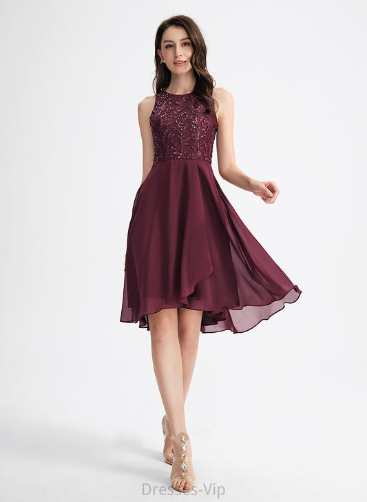 Cocktail Dresses Neck With Scoop Chiffon Lace Dress A-Line Sequins Asymmetrical Cocktail Rylie