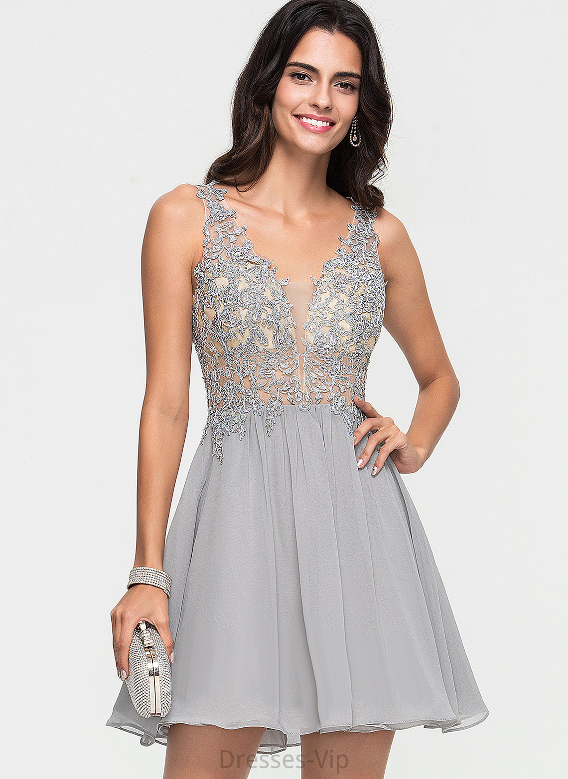 Dress Homecoming Dresses A-Line Short/Mini Homecoming Beading Chiffon Tamara With V-neck Lace