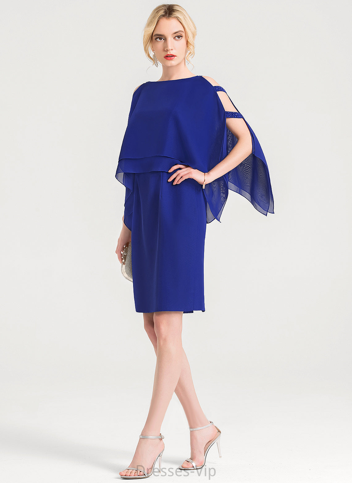 Ruffles Beading Sheath/Column Cocktail Neck Mya Knee-Length Chiffon Dress With Scoop Cocktail Dresses Cascading