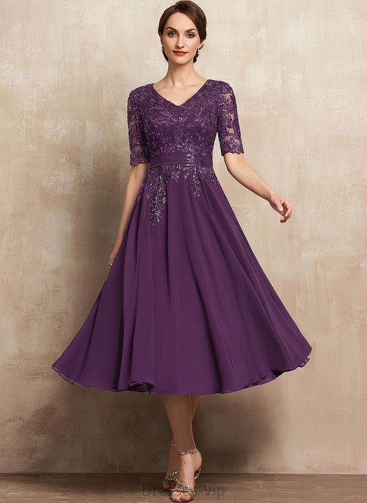 Tea-Length Lace Sequins Cocktail A-Line Clara Cocktail Dresses V-neck Chiffon Dress With