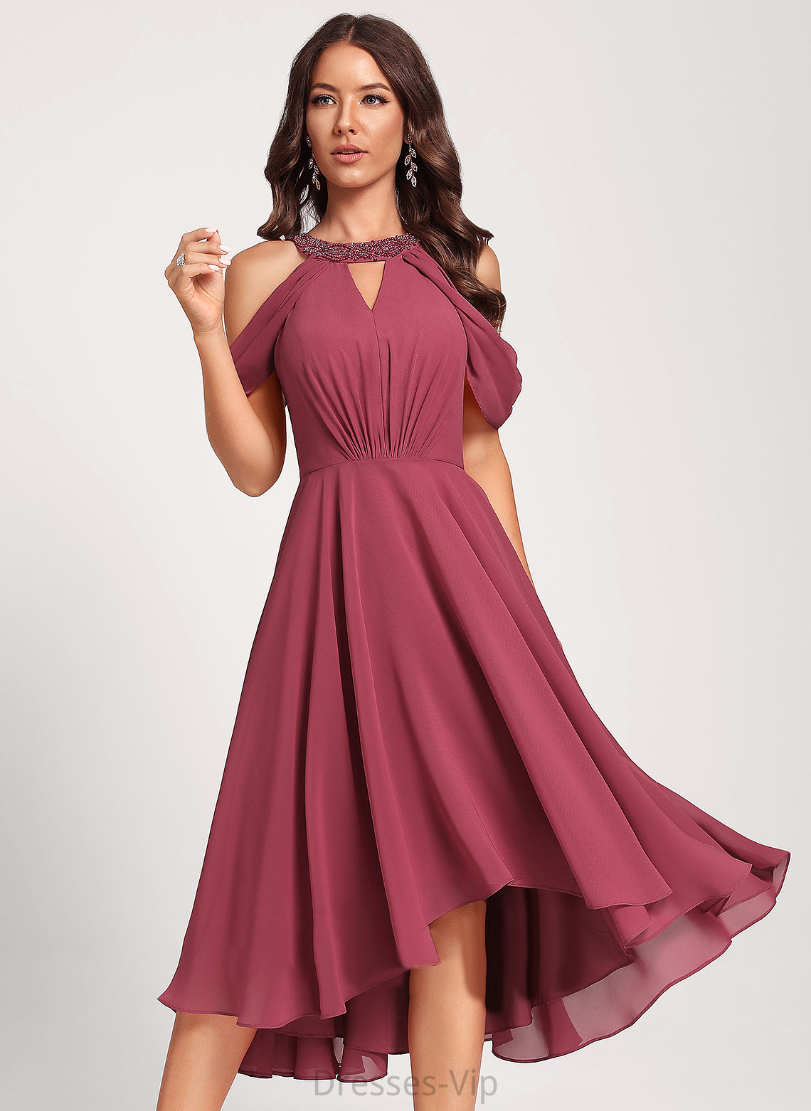 Dress Cocktail Neck Beading With Sequins Chiffon Asymmetrical A-Line Scarlet Scoop Club Dresses