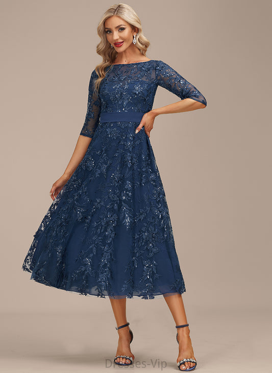 Neck Dress Chiffon Tea-Length Cocktail Dresses Lace Sequins Cocktail With Scoop Joslyn A-Line