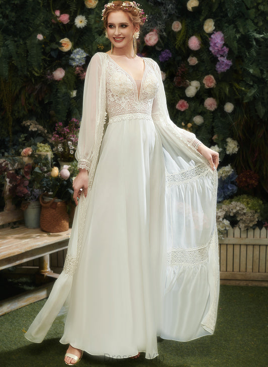 Floor-Length Wedding Dress Wedding Dresses Chiffon With A-Line Kyla Sequins V-neck Lace