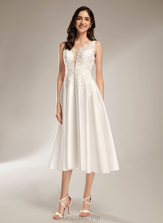 Wedding Dresses V-neck Lace Tea-Length Wedding A-Line Dress Satin Rita