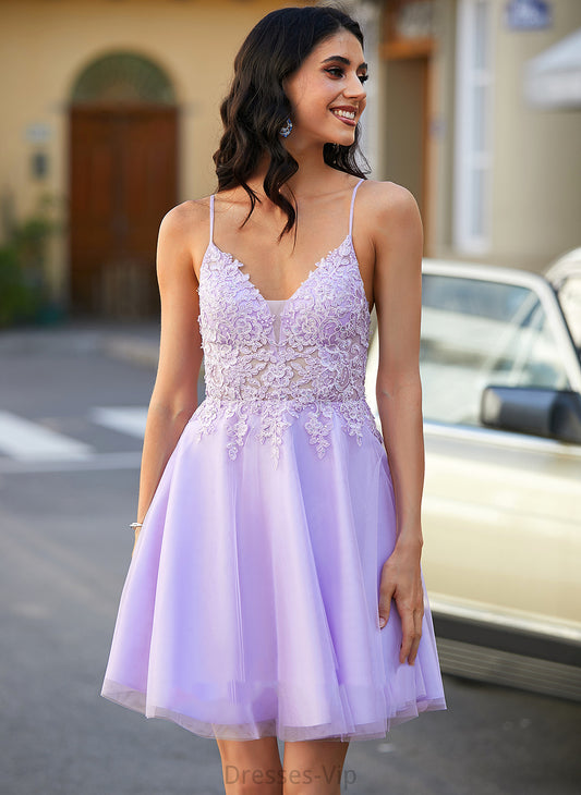 Lace Ginny Tulle A-Line Dress Short/Mini Homecoming Dresses V-neck With Homecoming Beading