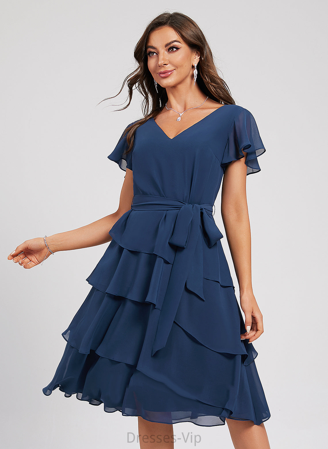 Serena A-Line Chiffon Cocktail Dresses V-neck Ruffle Sash Cocktail With Dress Knee-Length