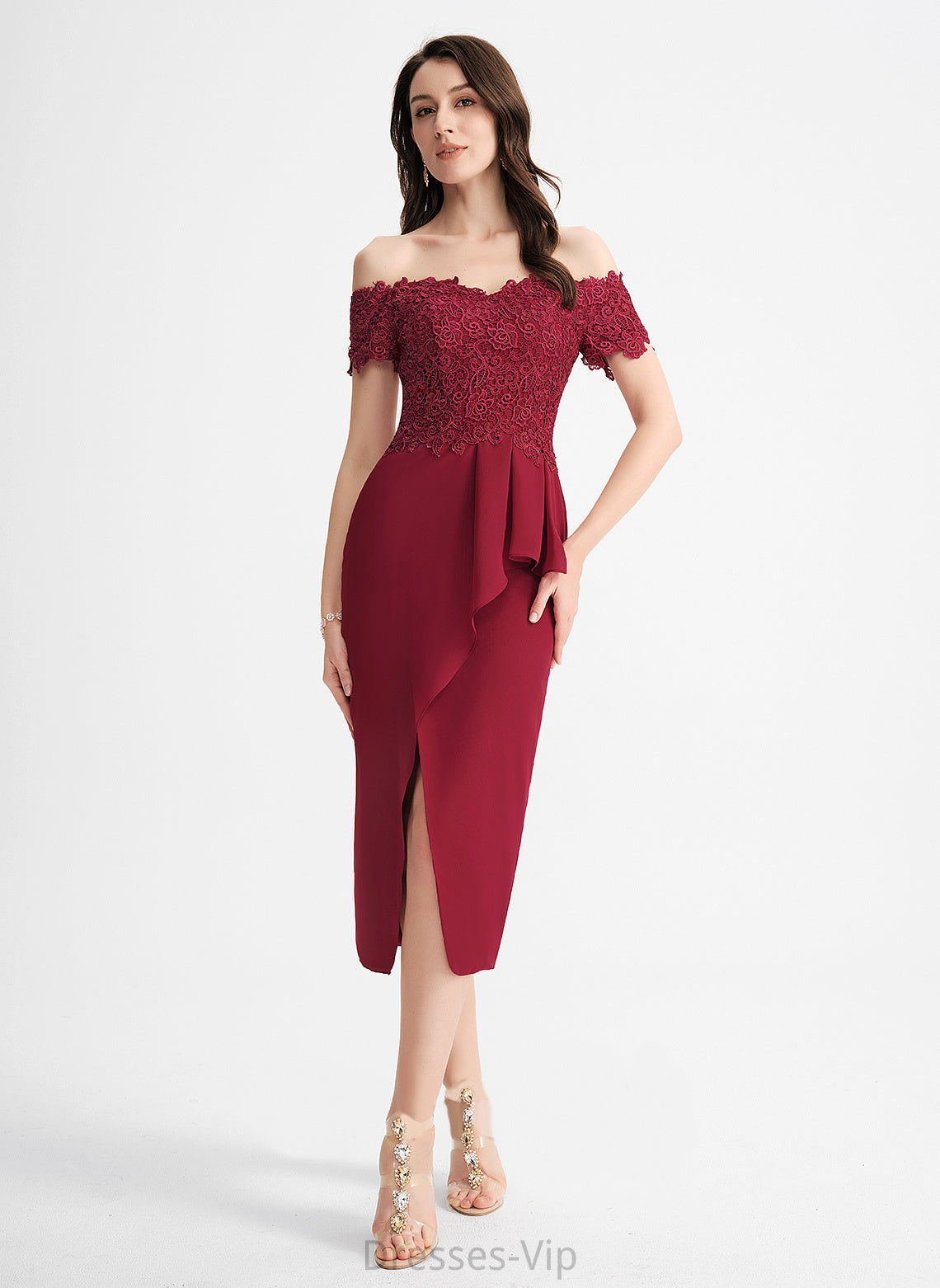 Lace Dylan Cocktail Chiffon Cocktail Dresses Tea-Length Dress Off-the-Shoulder Sheath/Column