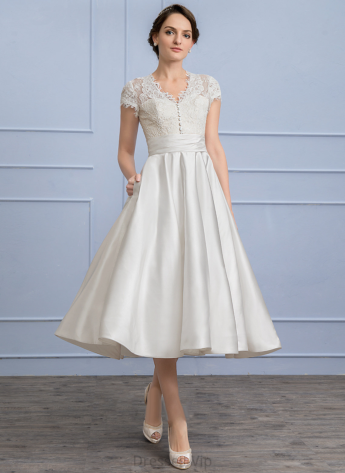 Tea-Length With Dress Patience Satin Ruffle Lace V-neck Wedding A-Line Wedding Dresses