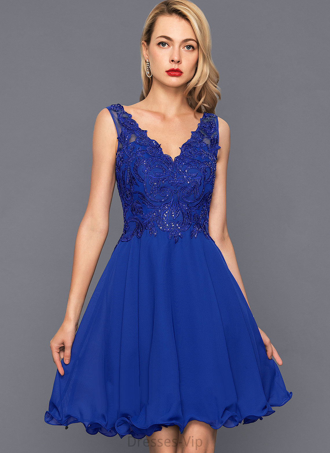 Knee-Length Cocktail V-neck Cocktail Dresses Justine A-Line Dress Chiffon Lace