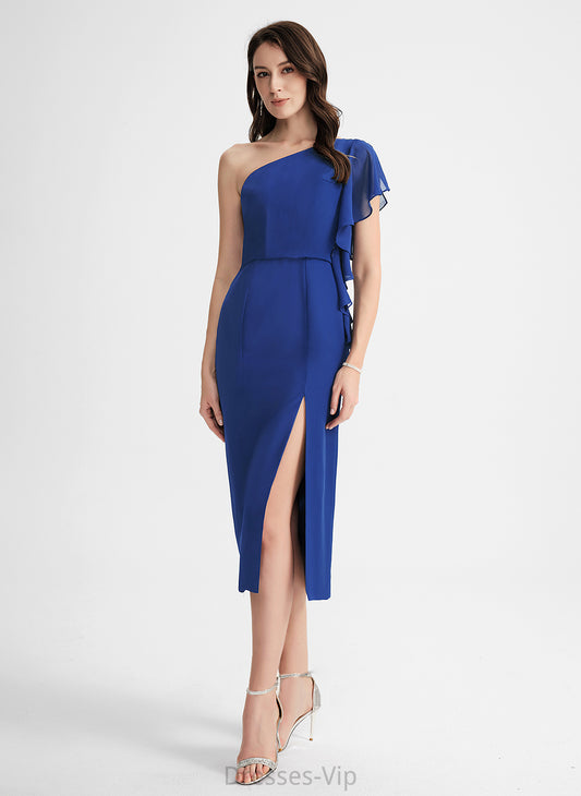 Chiffon Cocktail Sheath/Column One-Shoulder Dress With Ruffle Shiloh Cocktail Dresses Tea-Length