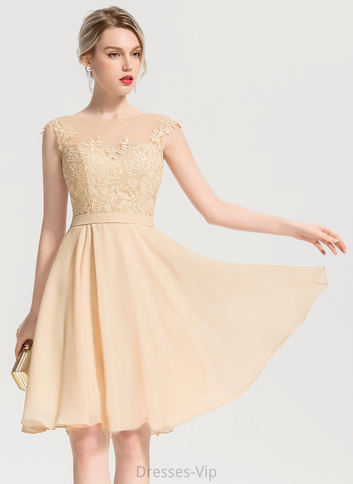 Chiffon Lace Appliques Dress Neck Knee-Length Scoop Cocktail Dresses Lace With A-Line Cocktail Kinsley