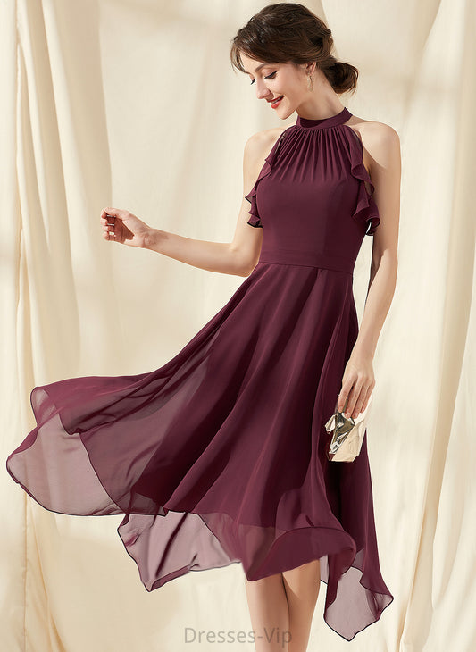 Ruffles With Dress Chiffon Neck Cocktail Priscilla Cocktail Dresses Tea-Length Cascading Scoop A-Line