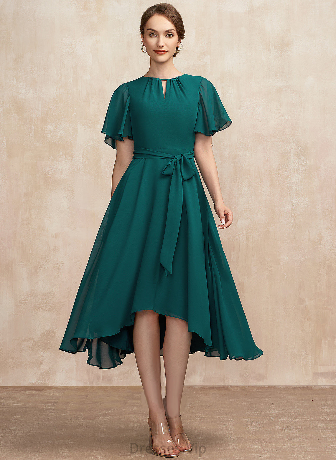 Neck Cocktail Brynlee Scoop Dress Cocktail Dresses Asymmetrical Ruffle Chiffon With Bow(s) A-Line