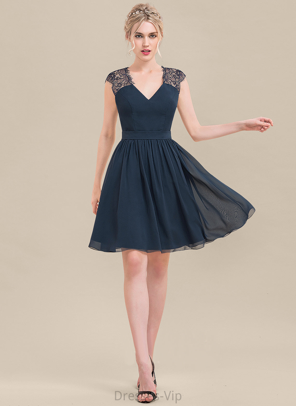 Dress Cocktail Knee-Length Kara Lace Chiffon A-Line V-neck Cocktail Dresses