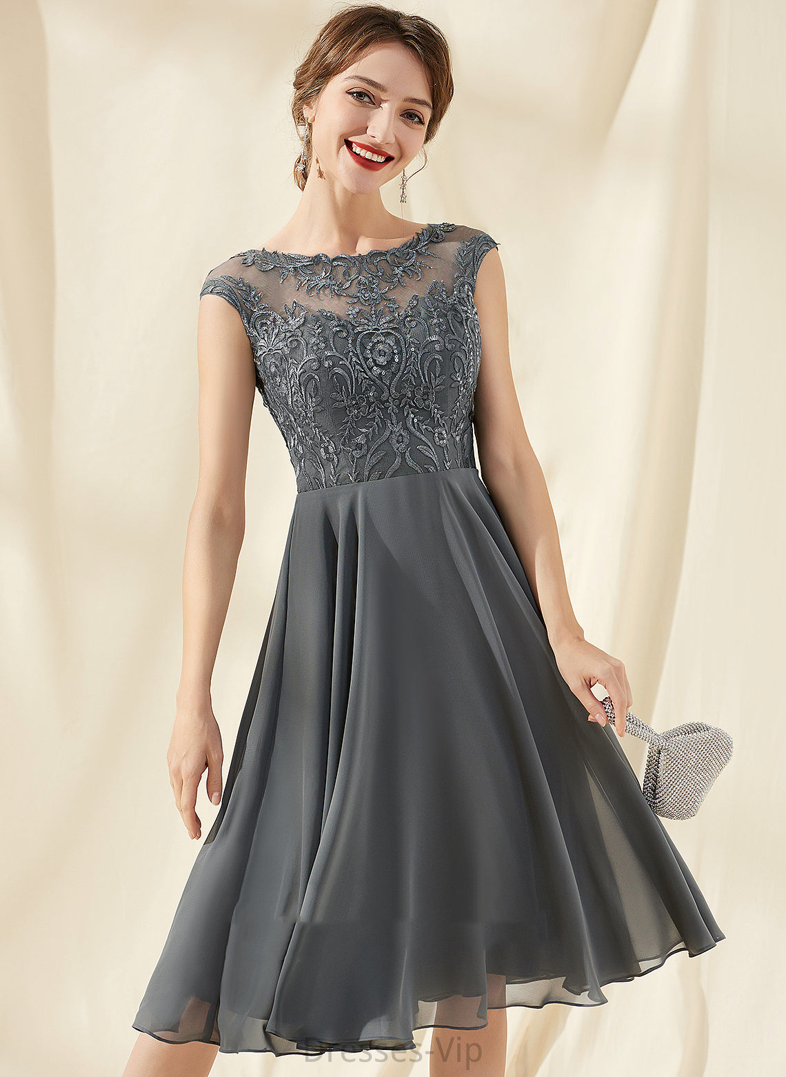 Lace Sequins Chiffon Neck Knee-Length Cocktail Dresses With Scoop Cocktail Dress Scarlett A-Line