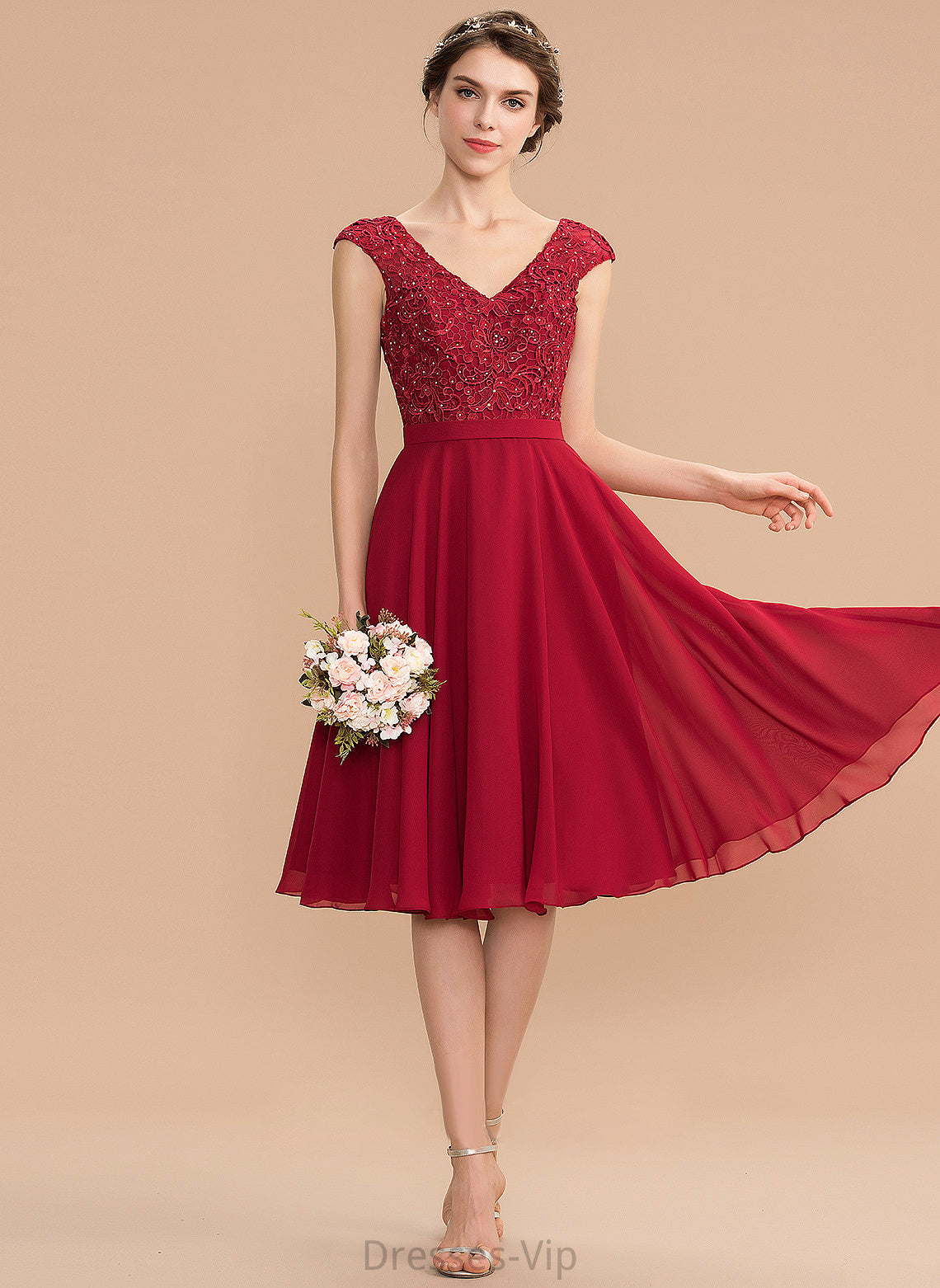 Knee-Length Nydia Lace Homecoming Dress Beading Homecoming Dresses V-neck Chiffon With A-Line