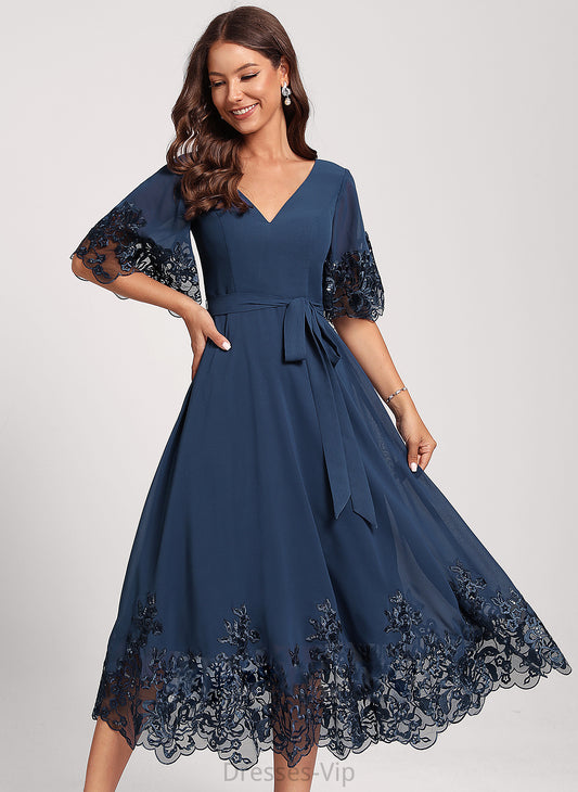 Tea-Length Club Dresses Sequins Cocktail A-Line Kennedy Lace With Chiffon V-neck Dress