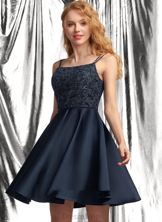 With Short/Mini Homecoming Neckline Satin A-Line Dress Homecoming Dresses Square Lace Yaretzi