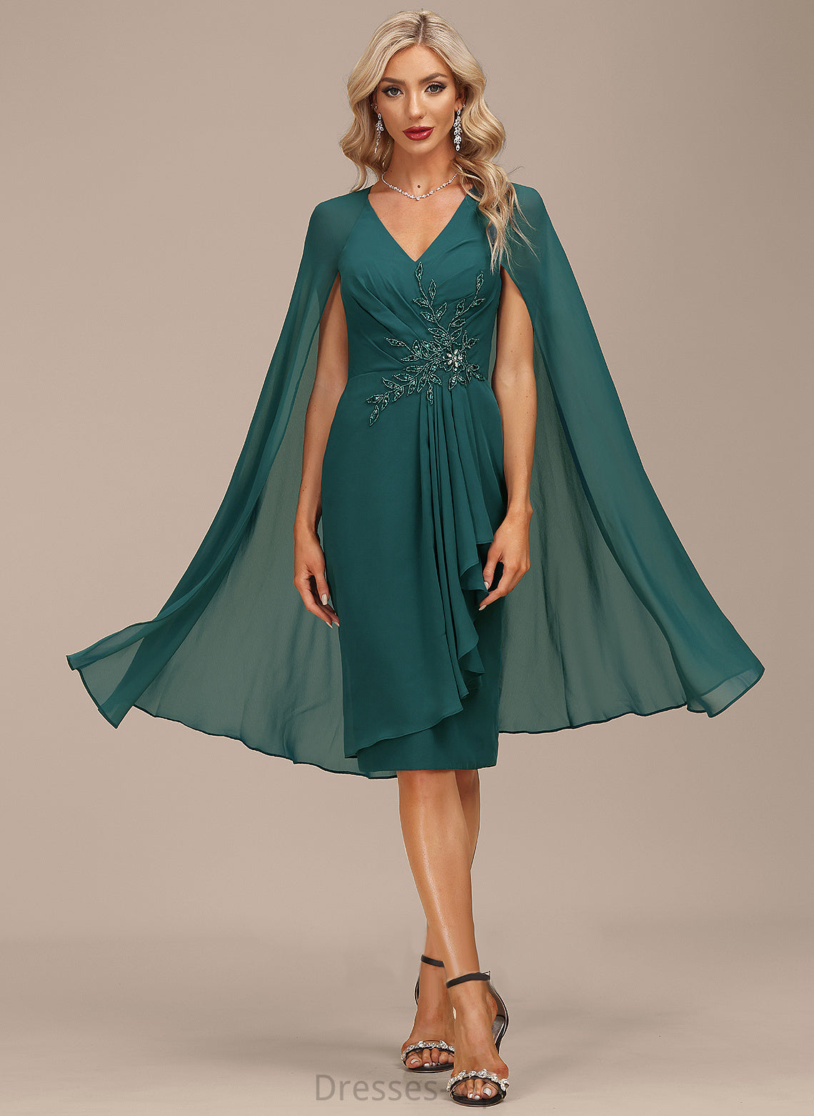 Shayla Cocktail Knee-Length With Beading Sequins Cocktail Dresses Sheath/Column Ruffles Chiffon Cascading V-neck Dress