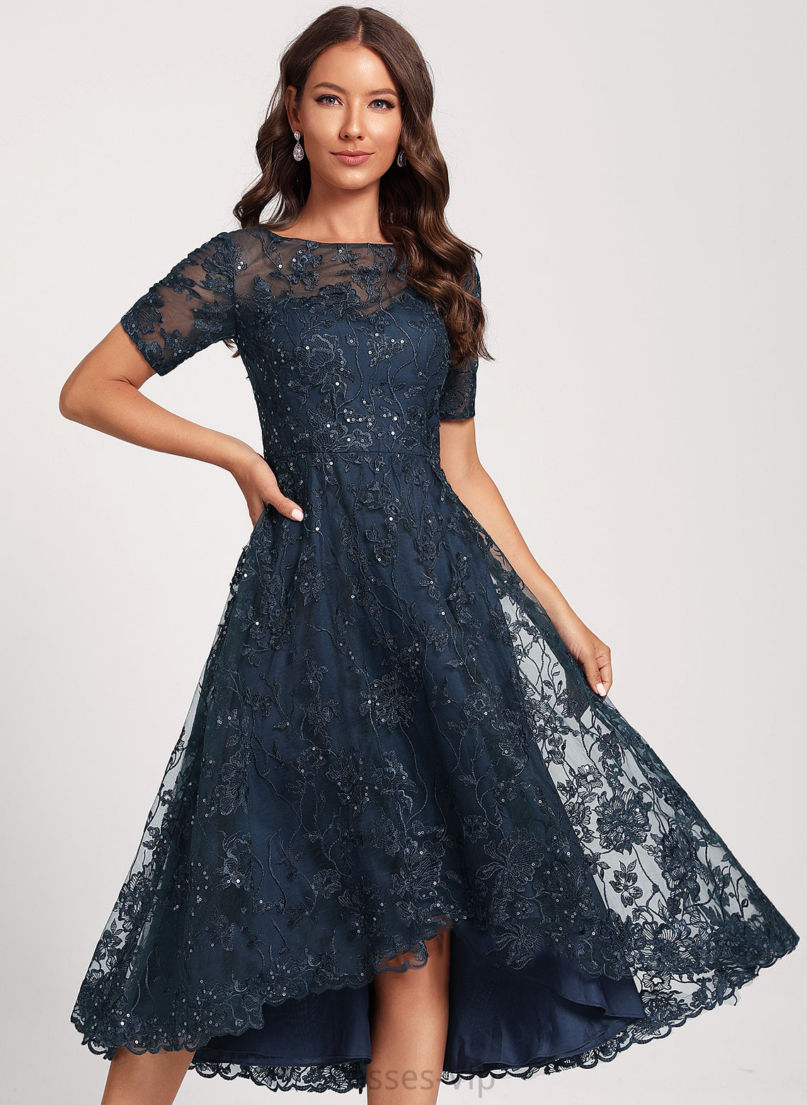 Cocktail Dress Sequins Asymmetrical A-Line Lace With Tulle Scoop Neck Saniya Club Dresses