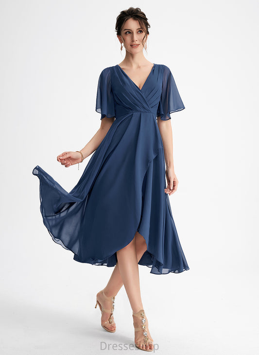 Ruffle A-Line V-neck Cocktail Chiffon With Dress Madeleine Asymmetrical Cocktail Dresses