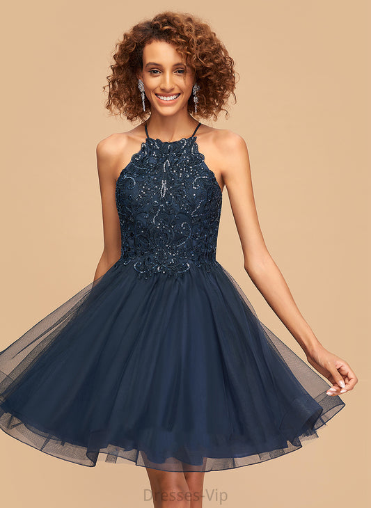 With Short/Mini Neck Homecoming Homecoming Dresses Lace A-Line Sequins Mareli Tulle Dress Scoop