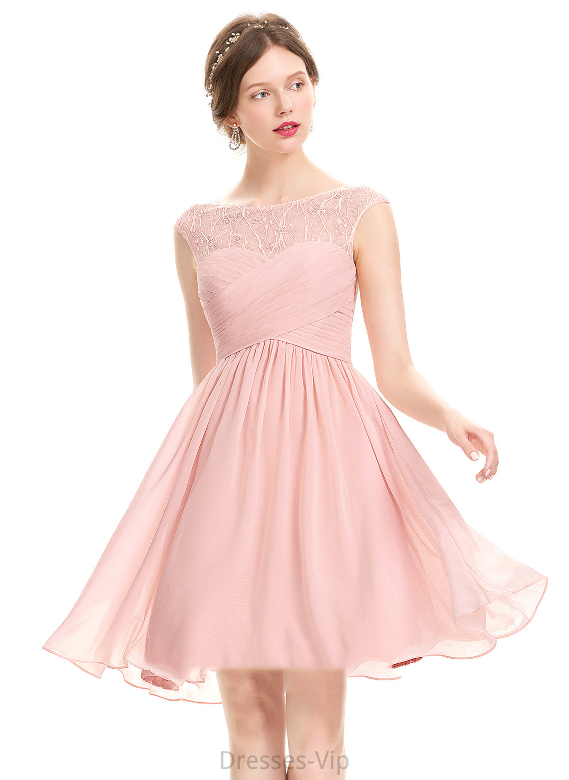 Cecilia With Homecoming A-Line Chiffon Dress Homecoming Dresses Lace Beading Knee-Length Scoop Neck Ruffle