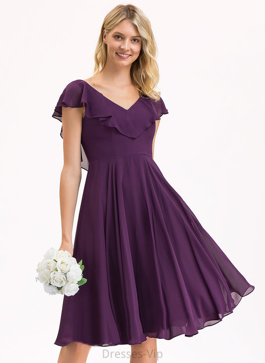 Chiffon Ruby Cascading A-Line With Ruffles Cocktail Knee-Length Cocktail Dresses Dress V-neck