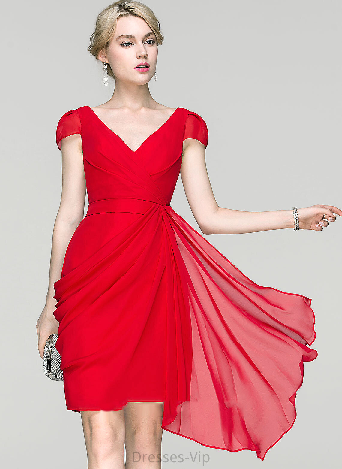 Chiffon Sheath/Column Cara Cascading Dress Knee-Length With Cocktail Ruffles V-neck Cocktail Dresses Ruffle