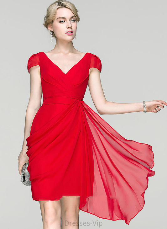 Chiffon Sheath/Column Cara Cascading Dress Knee-Length With Cocktail Ruffles V-neck Cocktail Dresses Ruffle