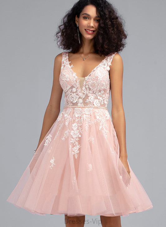 Ally Tulle With V-neck Lace A-Line Knee-Length Dress Beading Sequins Homecoming Homecoming Dresses