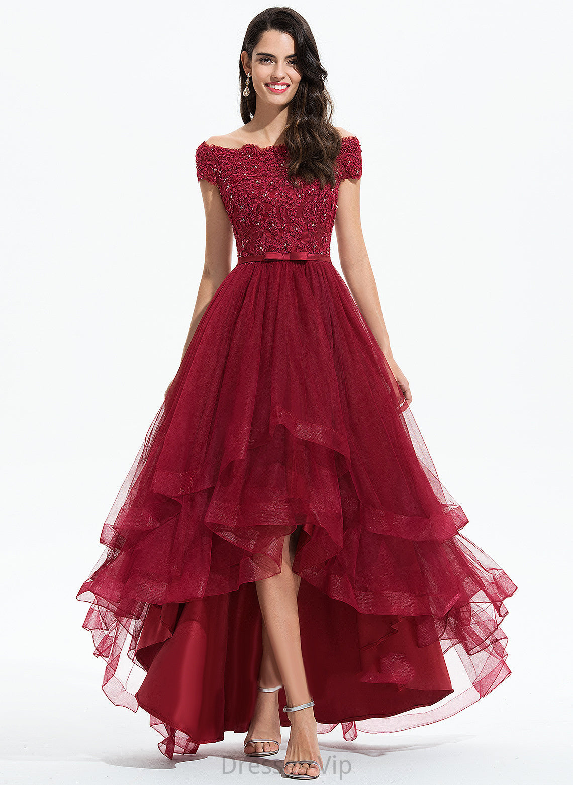 Beading With Bow(s) Asymmetrical Homecoming Dresses Homecoming Dress A-Line Tulle Off-the-Shoulder Lace Jade