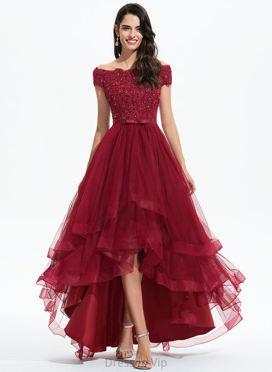 Beading With Bow(s) Asymmetrical Homecoming Dresses Homecoming Dress A-Line Tulle Off-the-Shoulder Lace Jade