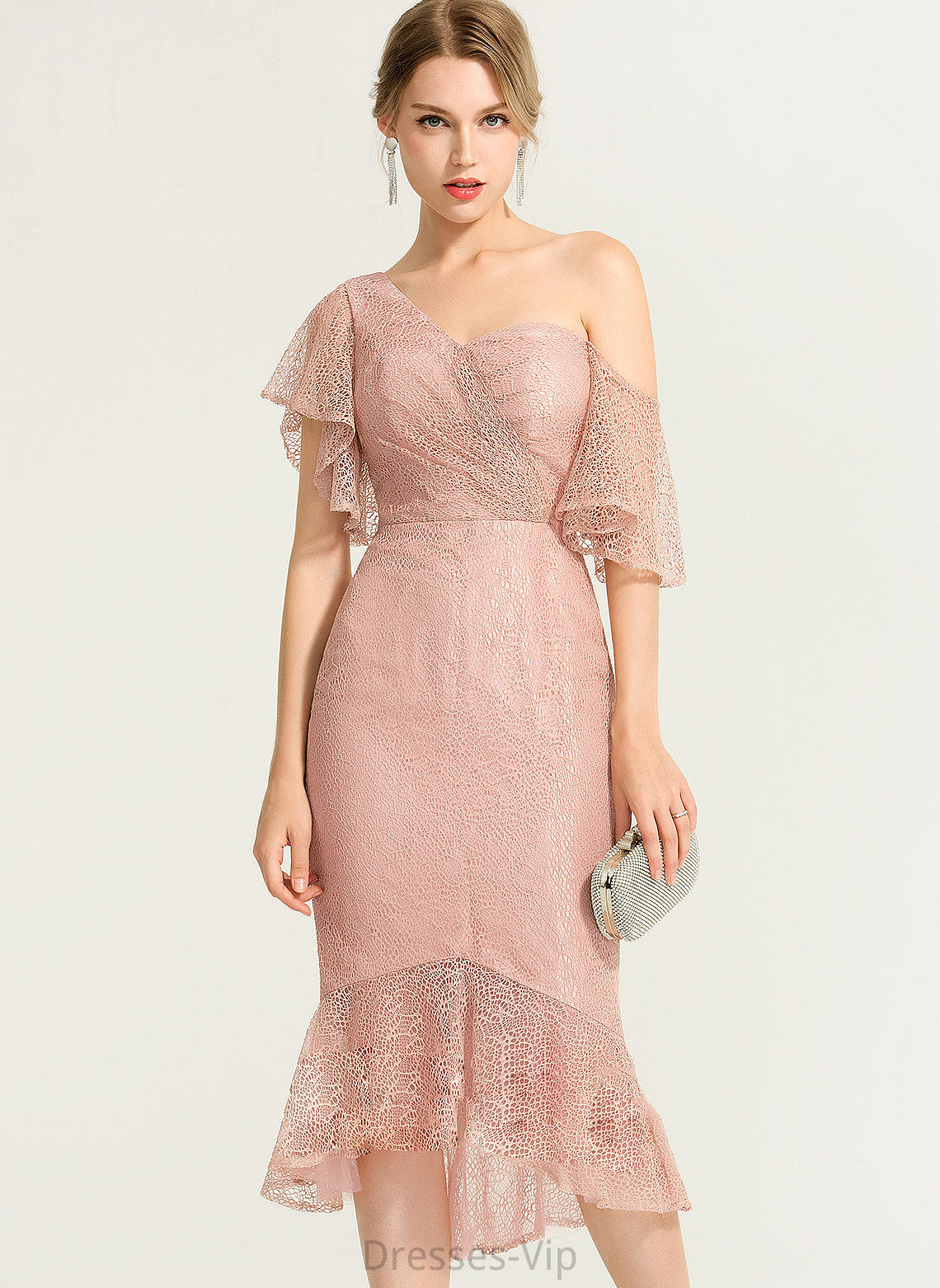 Cocktail One-Shoulder Trumpet/Mermaid Lace Cocktail Dresses Asymmetrical Dress Josie