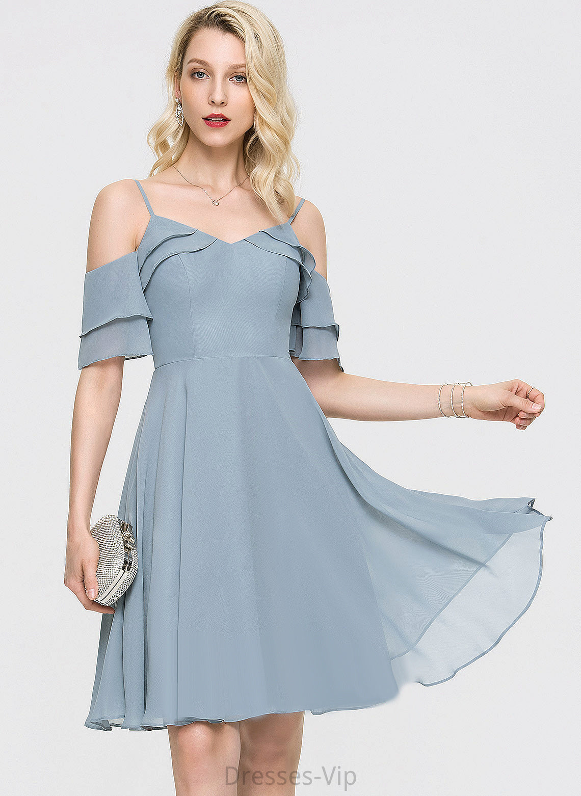 V-neck Cascading Cocktail Dress With Ruffles A-Line Chiffon Anastasia Cocktail Dresses Knee-Length