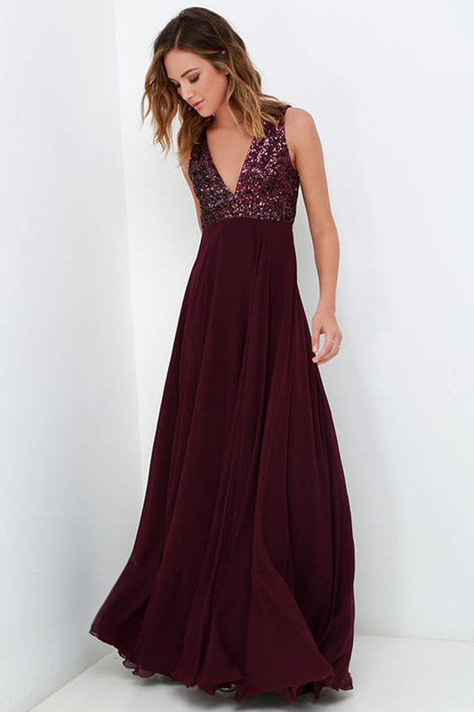 Burgundy A Line Floor Length Deep V Neck Sleeveless Bridesmaid Dresses, Wedding Party Dresses