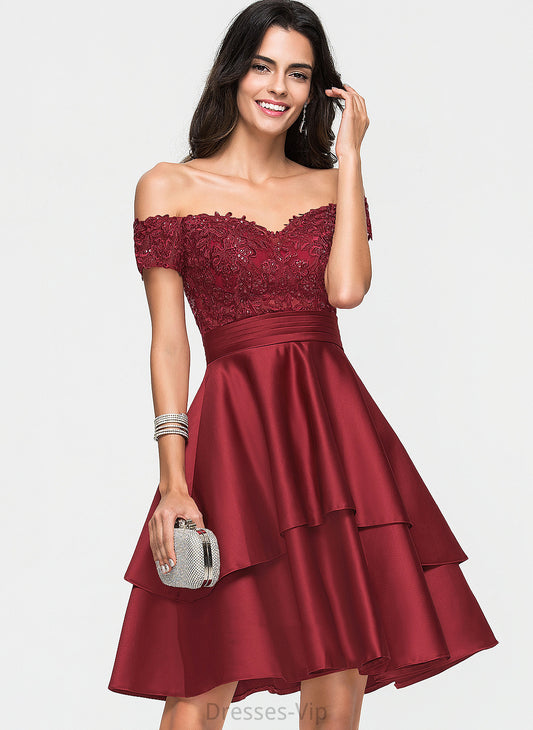 Ivy With Knee-Length Sequins A-Line Satin Cocktail Lace Off-the-Shoulder Dress Cocktail Dresses