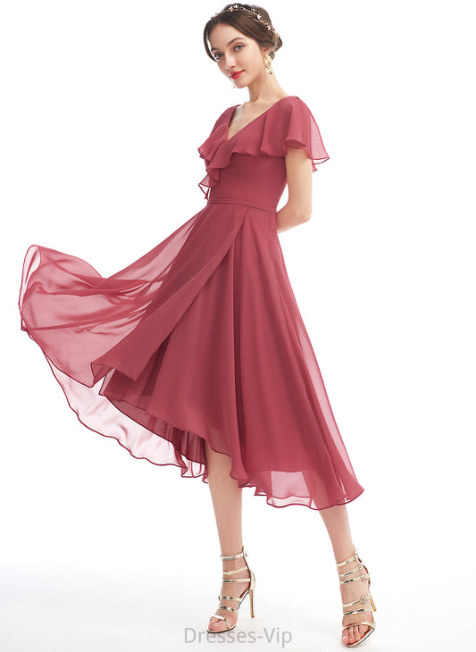 Chiffon Dress Lana With Asymmetrical A-Line Ruffle Cocktail V-neck Cocktail Dresses