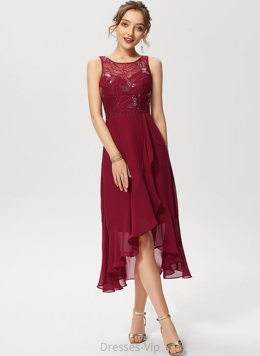 Ruffles Cocktail Dresses Asymmetrical Neck Cascading Lace Sequins Mercedes Chiffon Cocktail Dress Scoop A-Line With