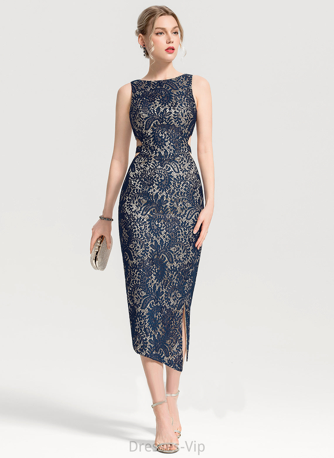 Neck Lace Sheath/Column Kylee Front Tea-Length With Split Dress Cocktail Cocktail Dresses Scoop