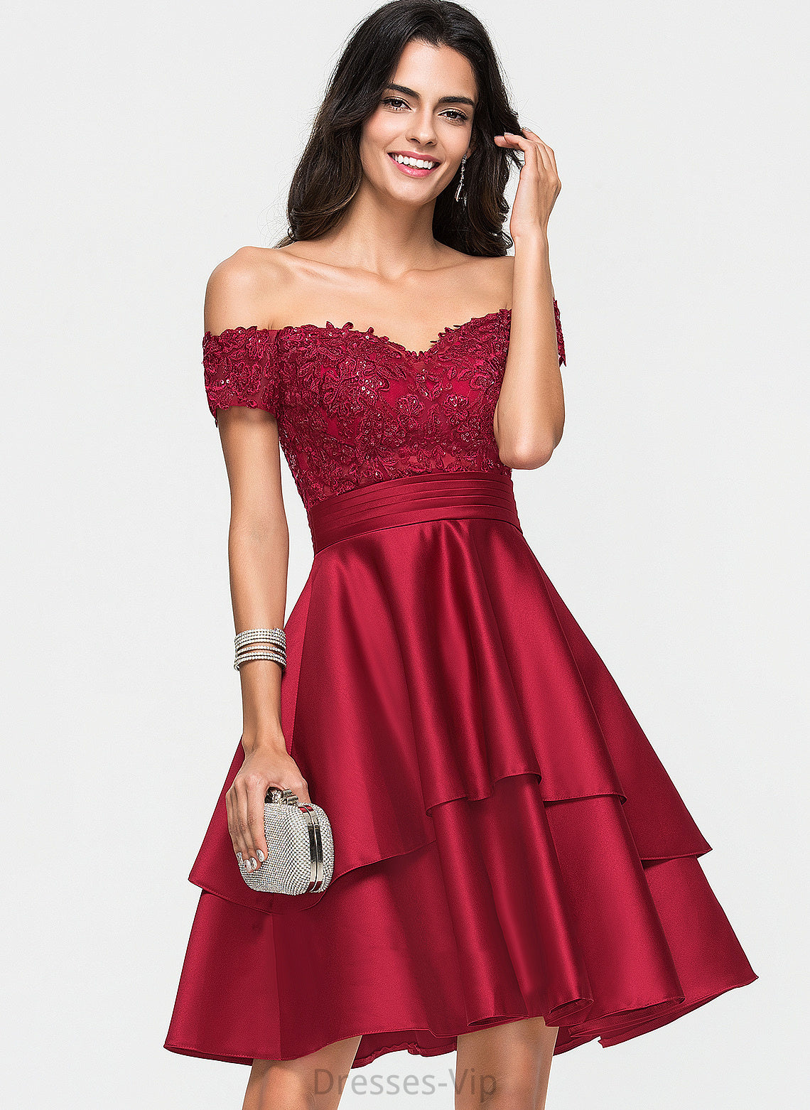 Knee-Length Satin A-Line Lace Homecoming With Mckenzie Homecoming Dresses Sequins Off-the-Shoulder Dress