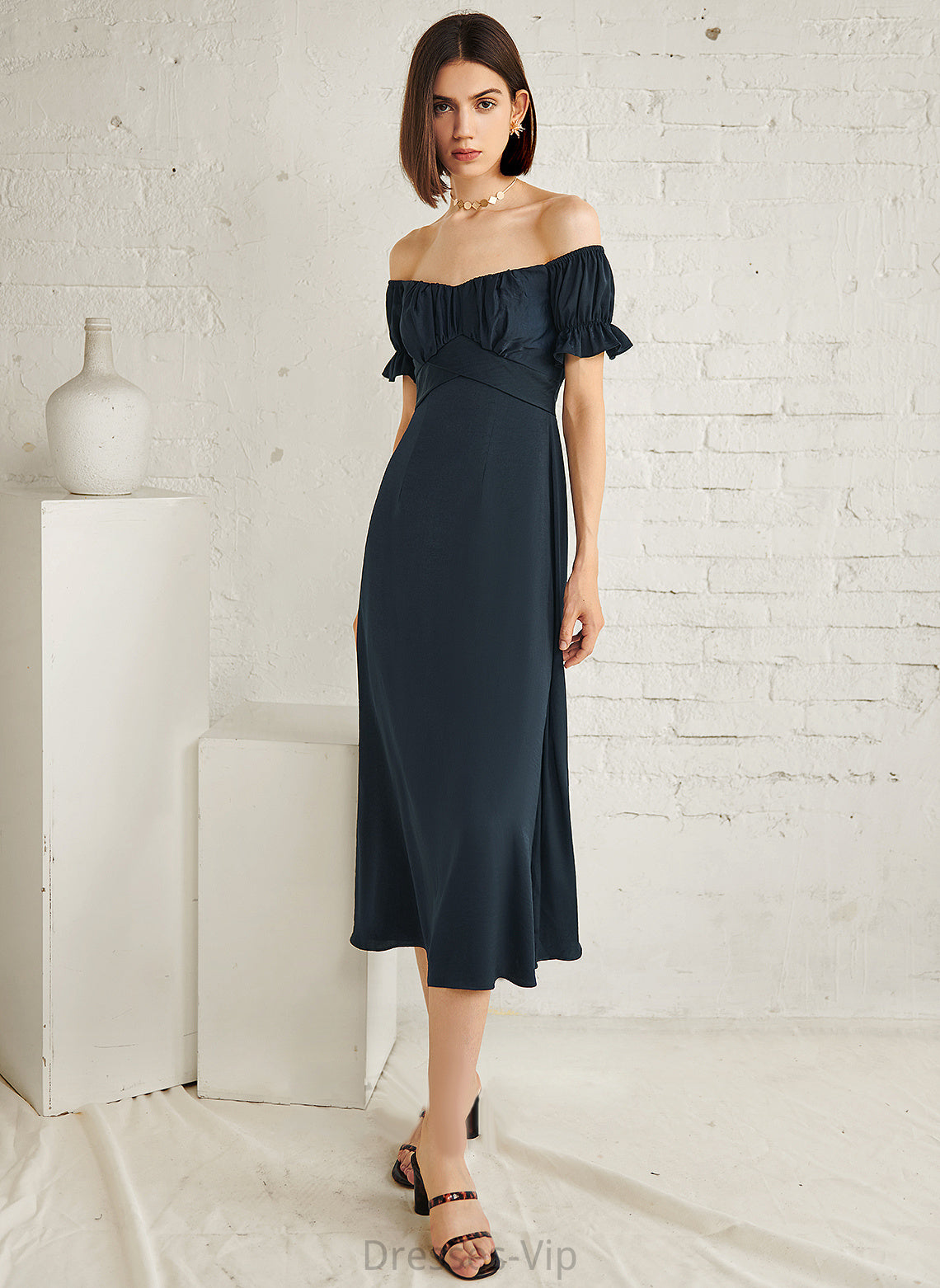 Diya Cotton Off-the-Shoulder A-Line Cocktail Dress Tea-Length Cocktail Dresses Blends