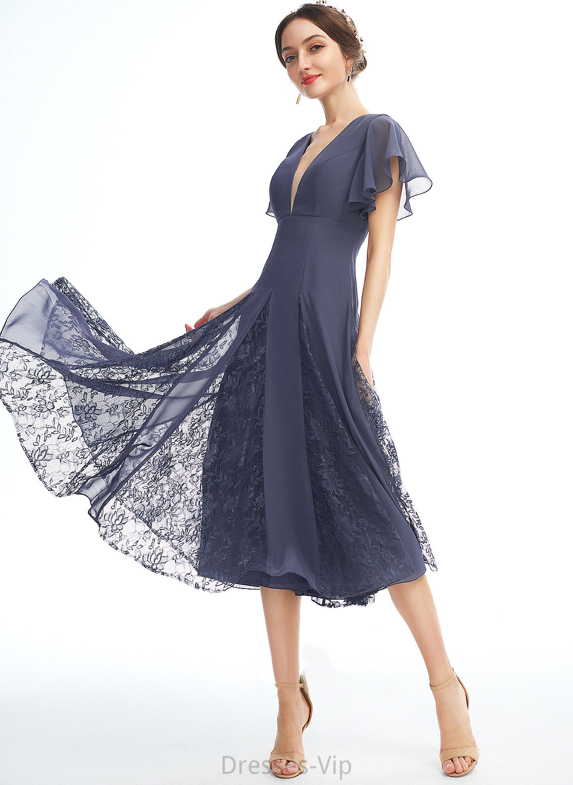 Cocktail A-Line Knee-Length Ruffle With Chiffon Janice Cocktail Dresses Dress Lace V-neck