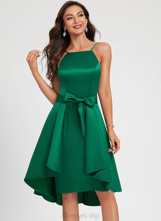 Cocktail Dresses Rachel Neckline Satin Square Ruffle A-Line Knee-Length With Cocktail Dress Bow(s)