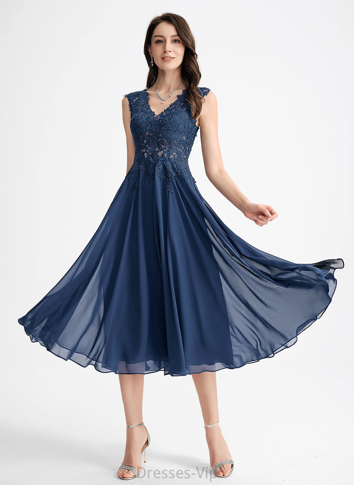 Lace Chiffon Tea-Length A-Line Cocktail Cocktail Dresses V-neck Deborah Dress