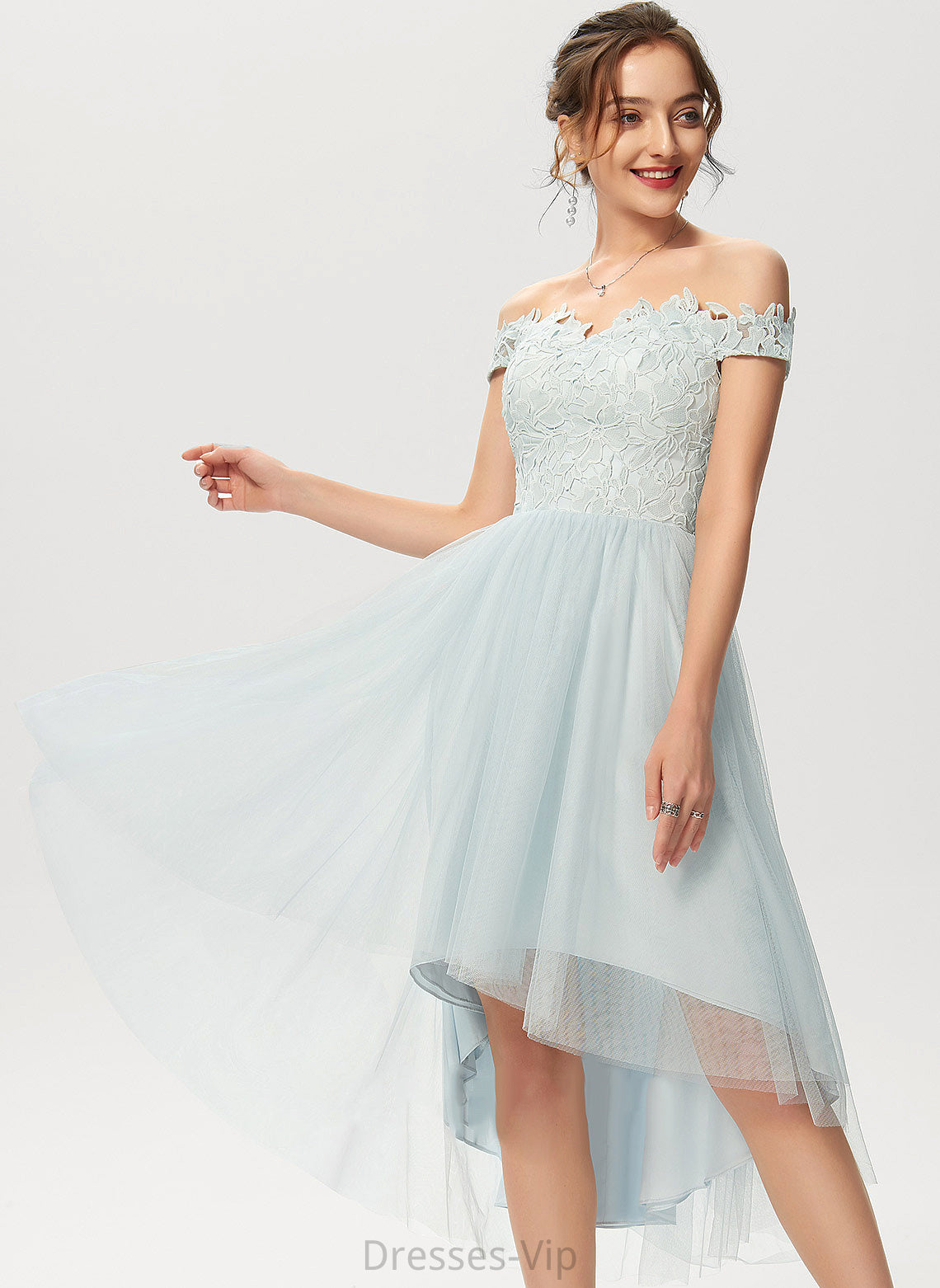 Tulle Dress Off-the-Shoulder A-Line Lace Madeleine Cocktail Dresses Cocktail Asymmetrical