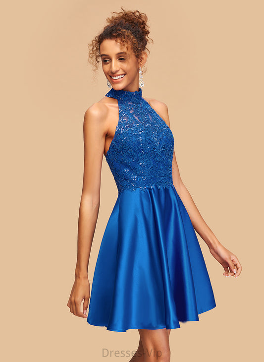 High With Dress Satin Homecoming Dresses Sequins Short/Mini A-Line Kadence Lace Neck Homecoming