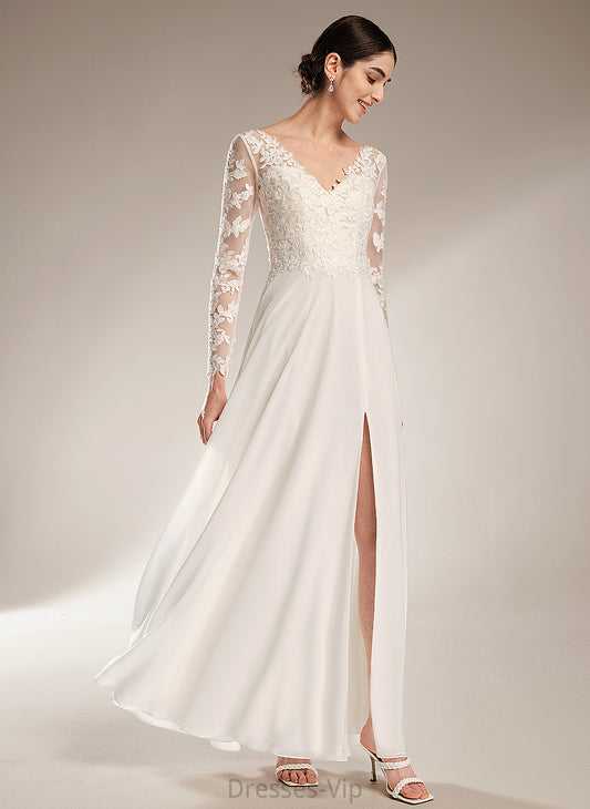 Floor-Length Wedding Abby Wedding Dresses A-Line Chiffon Dress Lace V-neck