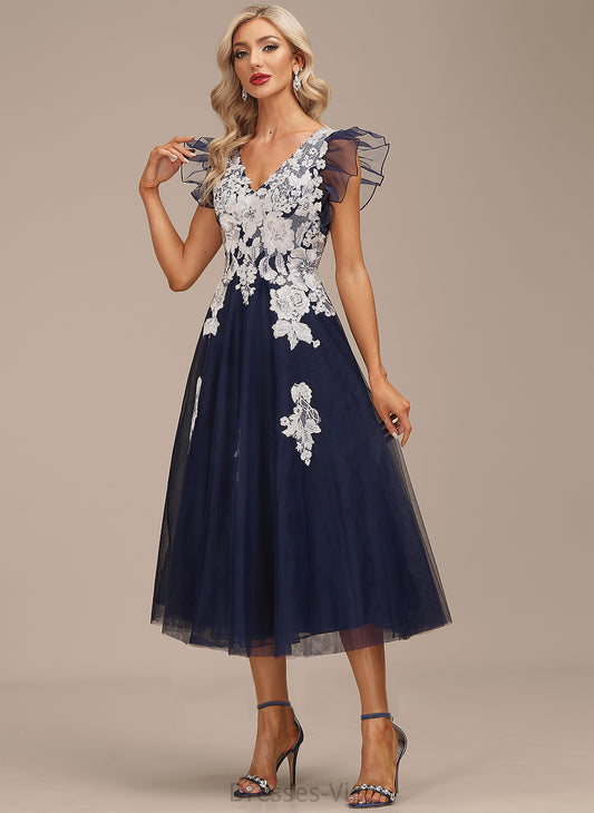 Brenda Cocktail Tea-Length Organza With V-neck Dress Cocktail Dresses A-Line Lace Appliques