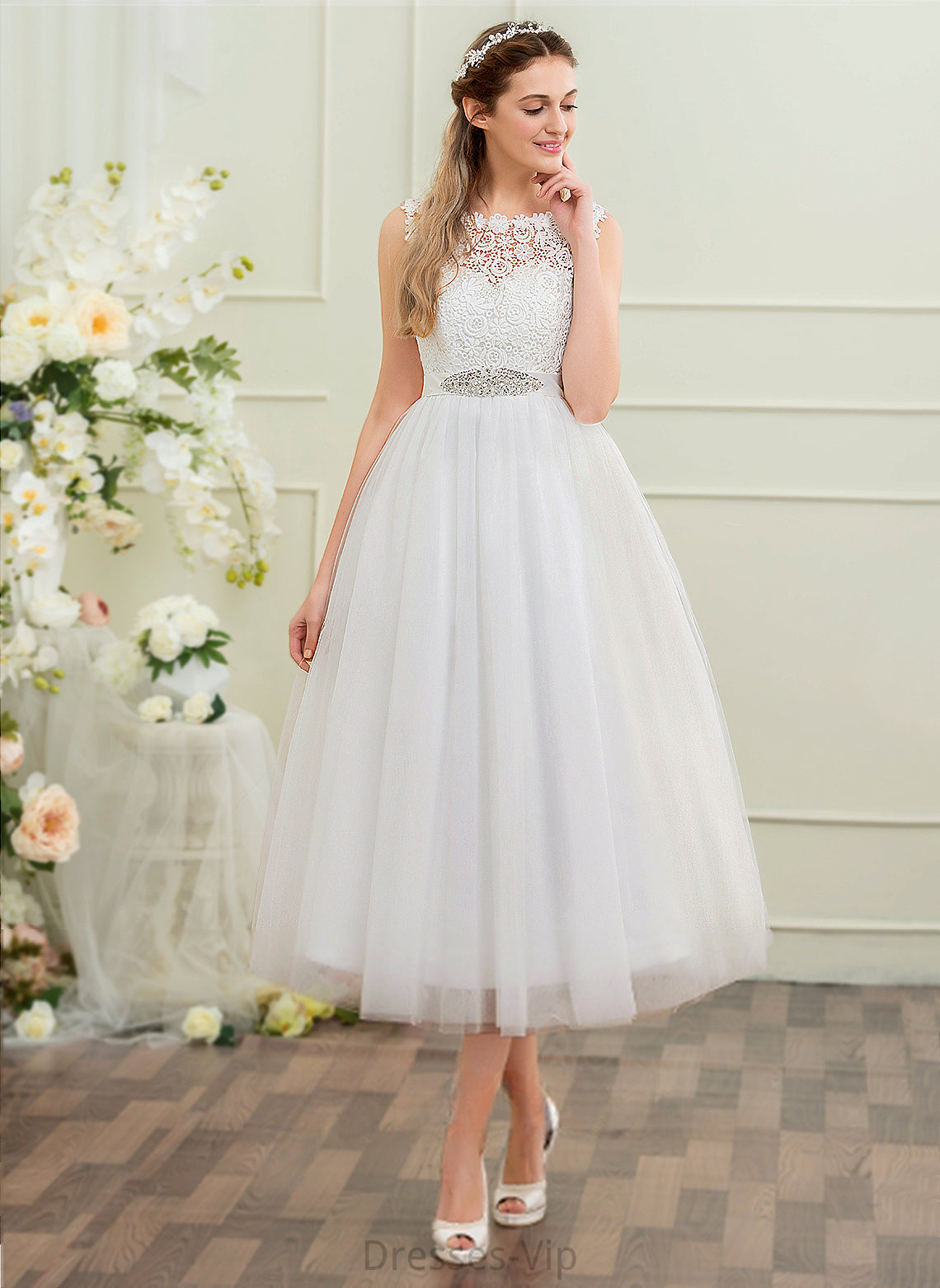 Beading Wedding Satin Lace Ball-Gown/Princess Dress Sequins Salome With Tea-Length Wedding Dresses Tulle